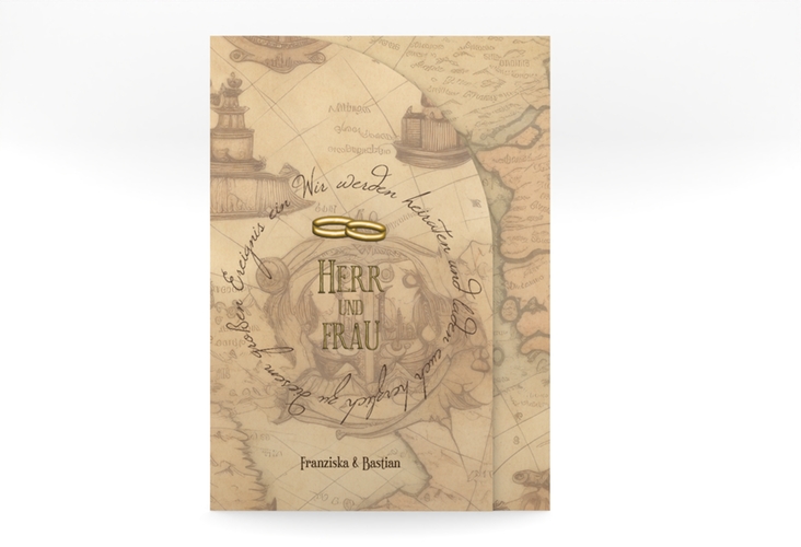 Hochzeitseinladung Zwei Ringe mittlere Bogen-Wickelfalzkarte mit Eheringen und Fantasy-Landkarte