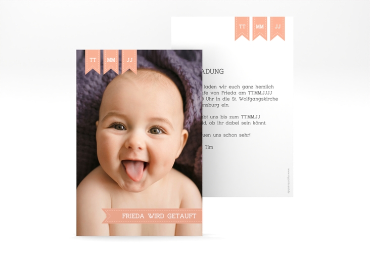 Taufeinladung Trust A6 Karte hoch apricot mit Baby-Foto