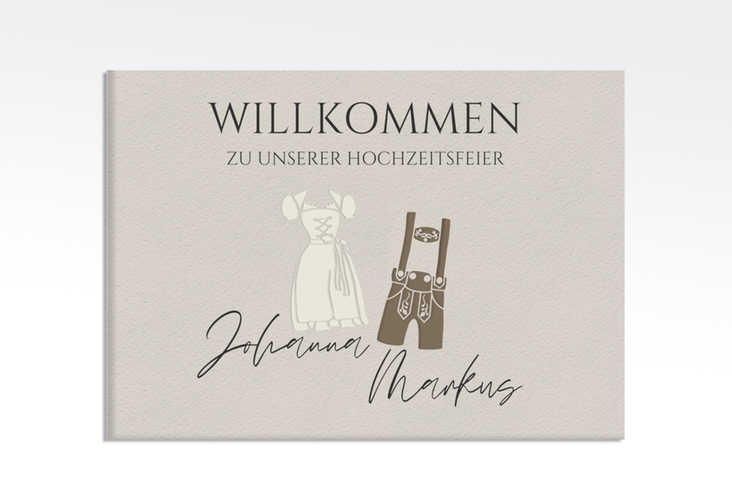 Willkommensschild Leinwand Trachtenhochzeit 70 x 50 cm Leinwand beige mit Dirndl und Lederhose