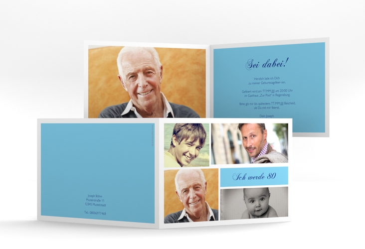 Einladung 80. Geburtstag Bilderserie A6 Klappkarte quer blau hochglanz mit mehreren Fotos