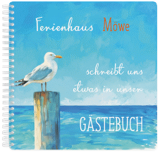 Gästebuch Ferienhaus Möwe Ringbindung blau mit Seemöwe auf Poller