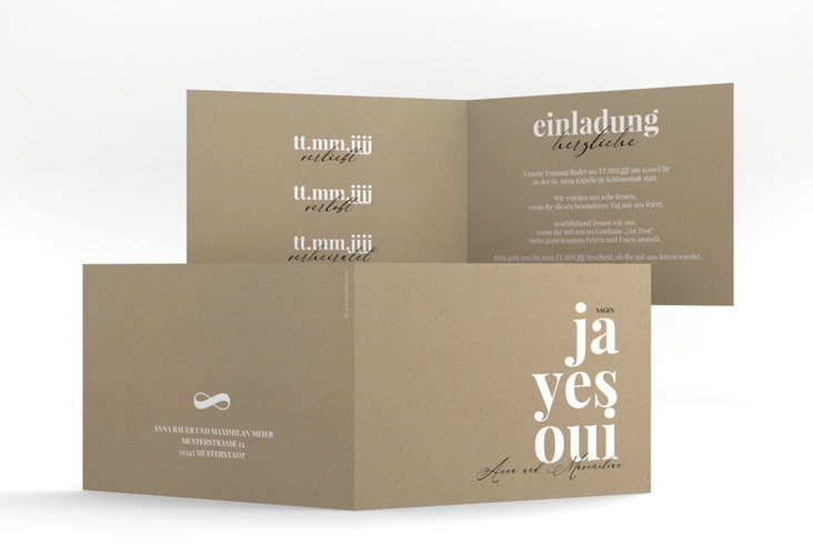 Hochzeitseinladung Oui A6 Klappkarte quer mit Ja-Wort in verschiedenen Sprachen
