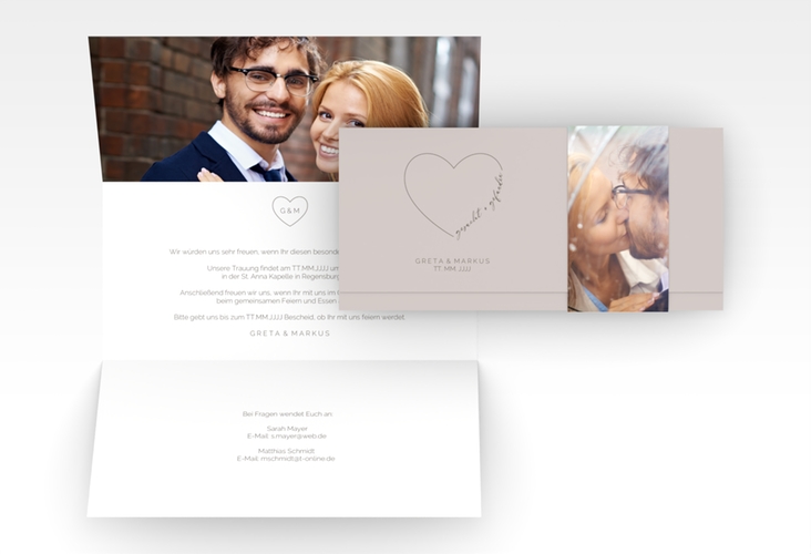 Hochzeitseinladung Lebenstraum Wickelfalzkarte + Banderole grau