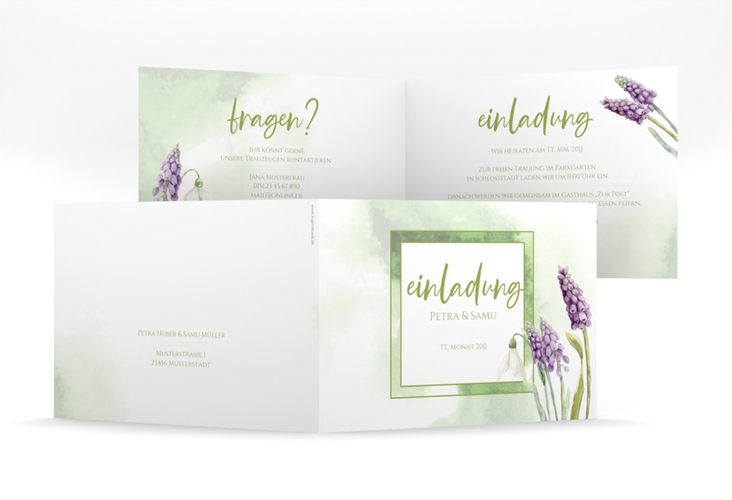 Hochzeitseinladung Frühling mittlere Klappkarte quer mit Frühlingsblumen in Aquarell