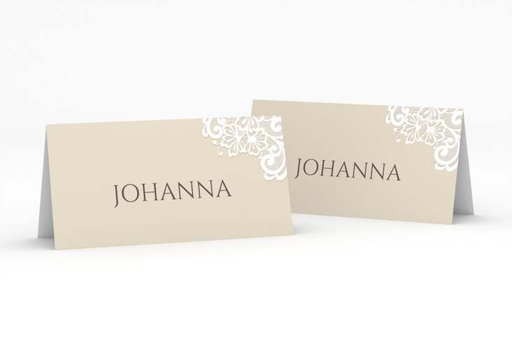 Tischkarte Hochzeit Vintage Tischkarten beige hochglanz mit floraler Spitze
