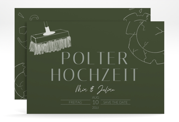 Save the Date-Karte Polterhochzeit A6 Karte quer gruen mit Besen und kaputtem Porzellanteller