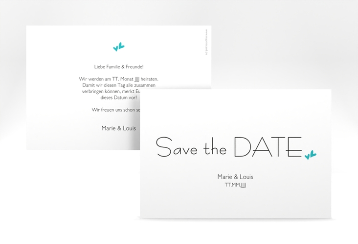 Save the Date-Karte Hochzeit Twohearts A6 Karte quer tuerkis hochglanz