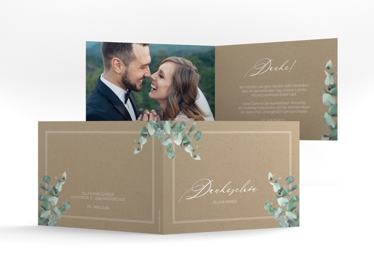 Dankeskarte Hochzeit Eucalypt A6 Klappkarte quer Kraftpapier hochglanz mit Eukalyptus und edlem Rahmen