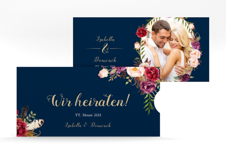 Hochzeitseinladung Flowers Einsteckkarte blau mit bunten Aquarell-Blumen