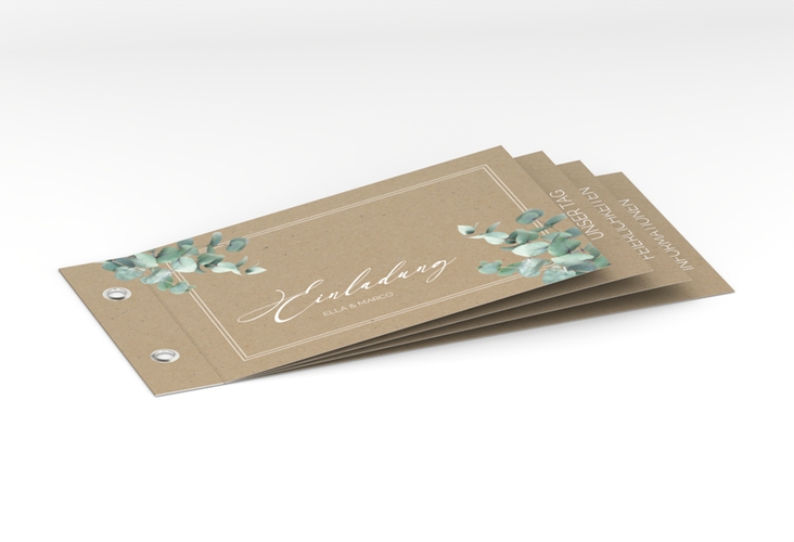 Hochzeitseinladung Eucalypt Booklet Kraftpapier hochglanz mit Eukalyptus und edlem Rahmen
