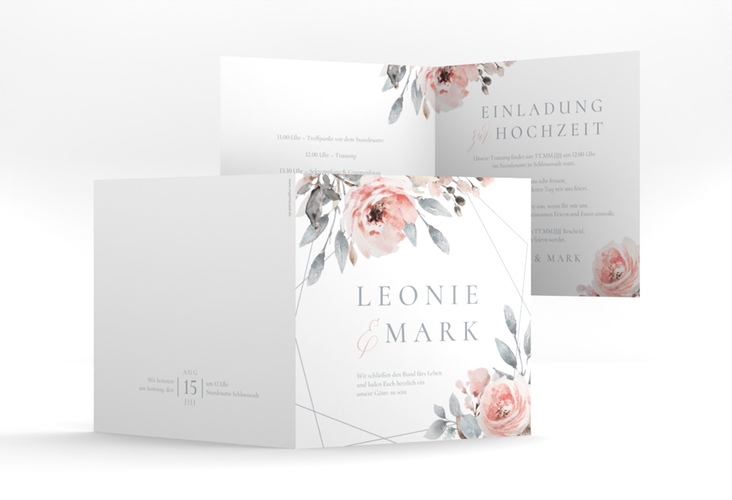 Hochzeitseinladung Perfection quadr. Klappkarte weiss hochglanz mit rosa Rosen