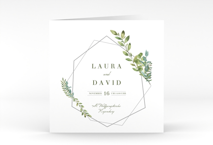 Hochzeitseinladung Herbarium quadr. Klappkarte grau hochglanz mit geometrischem Rahmen und Blätter-Dekor