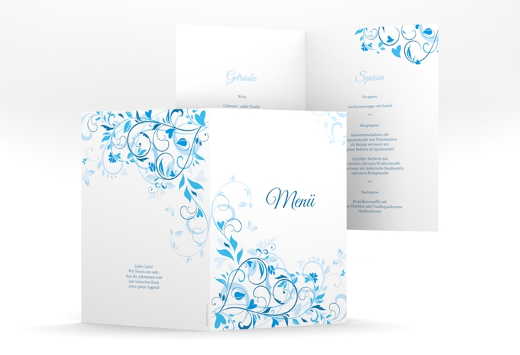 Menükarte Hochzeit Lilly A5 Klappkarte hoch blau hochglanz