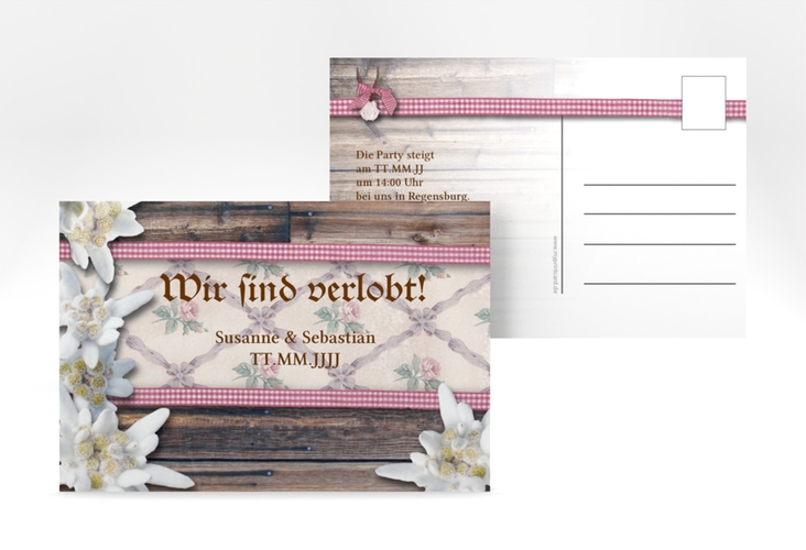 Verlobungskarte Hochzeit Bayern A6 Postkarte rot mit Edelweiß in rustikaler Holz-Optik