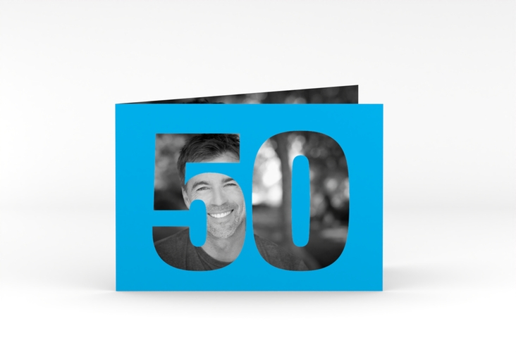 Einladung 50. Geburtstag Numbers A6 Klappkarte quer blau hochglanz