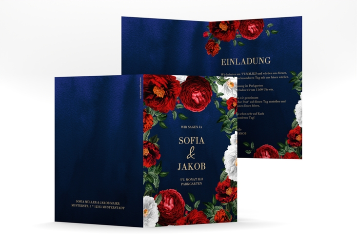 Einladungskarte Hochzeit Florista A6 Klappkarte hoch blau hochglanz