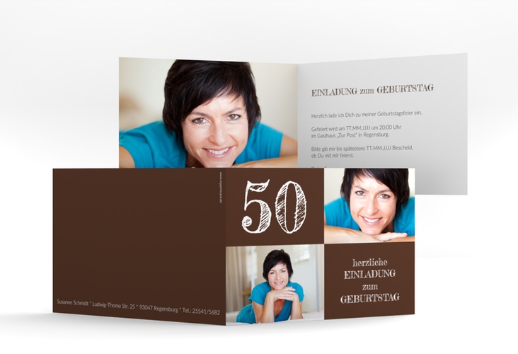 Einladung 50. Geburtstag Lebensfreude A6 Klappkarte quer braun