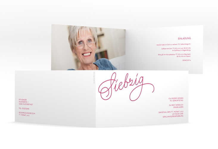 Einladung 70. Geburtstag Schwungvoll lange Klappkarte quer pink