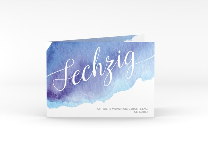 Einladung 60. Geburtstag Aquarell A6 Klappkarte quer blau