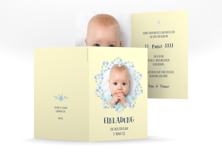 Einladungskarte Taufe Flowery A6 Klappkarte hoch gelb hochglanz