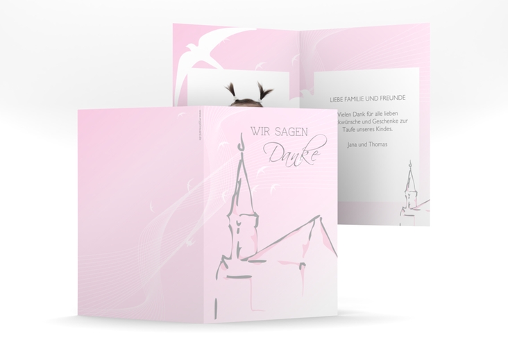 Dankeskarte Taufe Church A6 Klappkarte hoch rosa