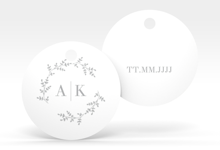 Geschenkanhänger Hochzeit Filigrana Geschenkanhänger, rund grau in reduziertem Design mit Initialen und zartem Blätterkranz