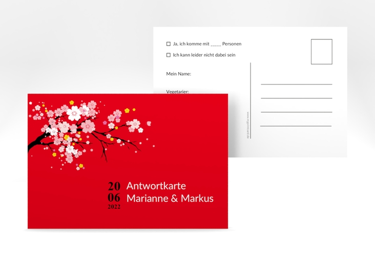 Antwortkarte Hochzeit Sakura A6 Postkarte rot hochglanz