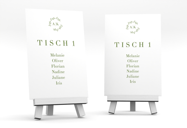 Tischaufsteller Hochzeit Filigrana Tischaufsteller gruen hochglanz in reduziertem Design mit Initialen und zartem Blätterkranz