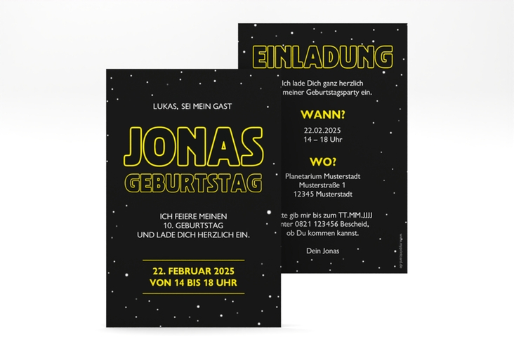 Einladungskarte Kindergeburtstag Star A6 Karte hoch schwarz für SciFi-Fans