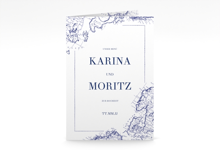 Menükarte Hochzeit Voyage A5 Klappkarte hoch blau