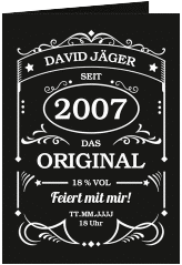 Einladung Geburtstag Guter Jahrgang A6 Klappkarte hoch schwarz wie Whisky-Flaschenetikett