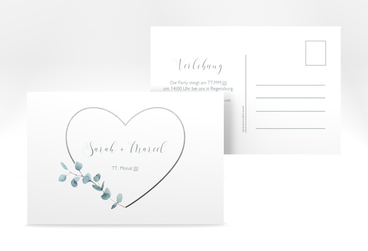 Verlobungskarte Hochzeit Greenheart A6 Postkarte grau mit elegantem Herz und Eukalyptus-Zweig