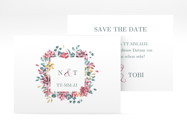 Save the Date-Visitenkarte Blumenliebe Visitenkarte quer weiss hochglanz mit Rahmen aus bunten Blütenblättern