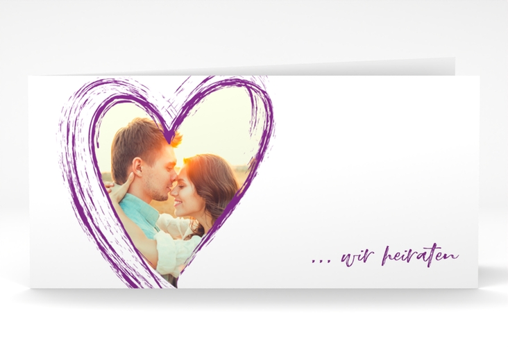 Hochzeitseinladung Liebe lange Klappkarte quer lila hochglanz