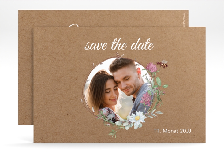 Save the Date-Karte Honey A6 Karte quer Kraftpapier mit Wiesenblumen und Biene