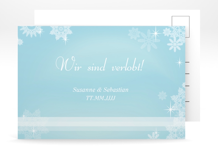 Verlobungskarte Hochzeit Meran A6 Postkarte in Hellblau mit Schneeflocken