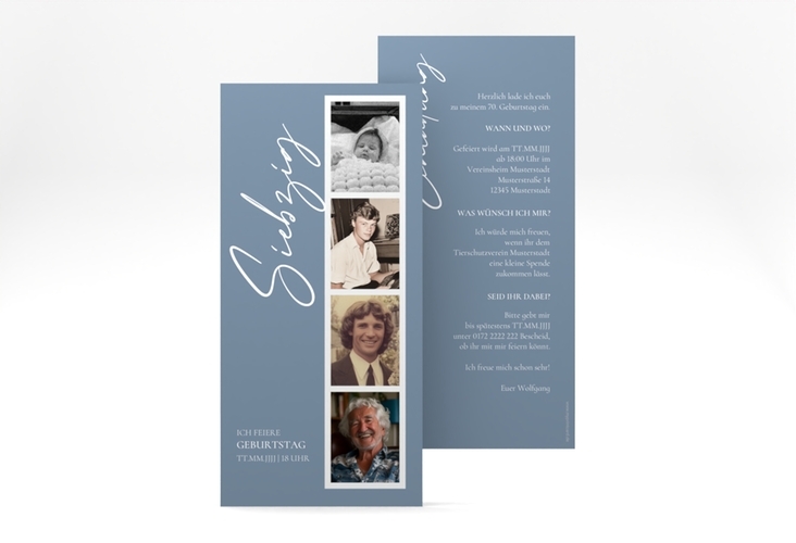 Einladung 70. Geburtstag Zeitabschnitt lange Karte hoch blau hochglanz