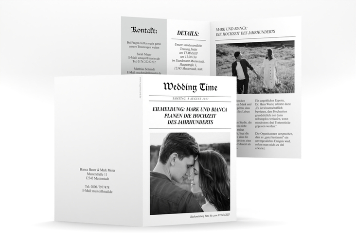 Einladungskarte Hochzeit Wedding Time A6 Klappkarte hoch weiss im Stil einer Zeitung