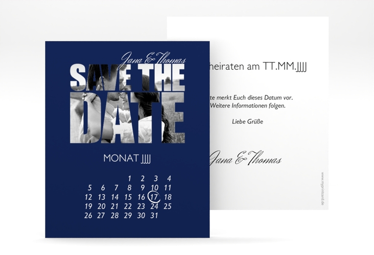 Save the Date-Kalenderblatt Letters Kalenderblatt-Karte blau hochglanz