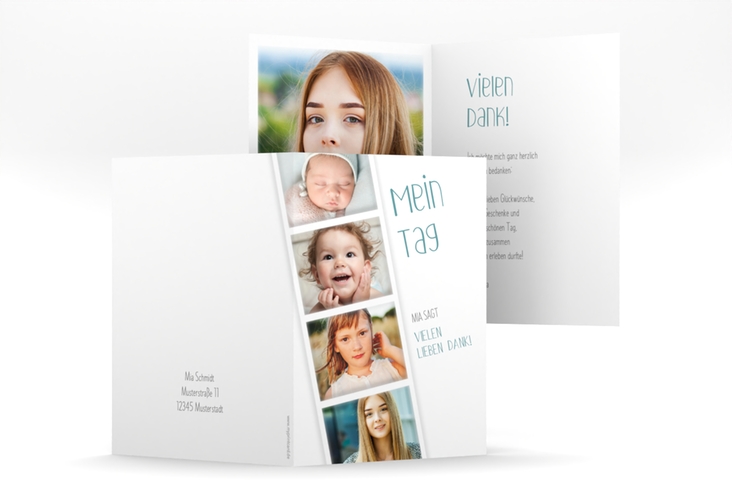 Danksagung Jugendweihe Photostrip A6 Klappkarte hoch blau