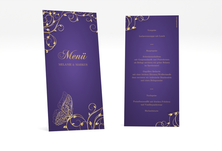 Menükarte Hochzeit Eternity lange Karte hoch lila hochglanz
