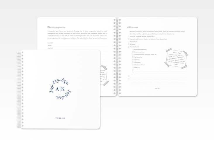 Trautagebuch Hochzeit Filigrana Trautagebuch Hochzeit blau in reduziertem Design mit Initialen und zartem Blätterkranz