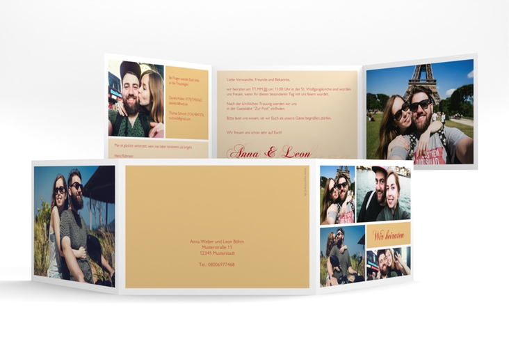 Hochzeitseinladung Collage A6 Doppel-Klappkarte apricot