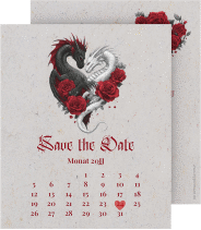 Klick: Details zu Save the Date-Kalenderblatt "Drachenliebe" anzeigen Save the Date-Kalenderblatt Drachenliebe Kalenderblatt-Karte grau mit Folie