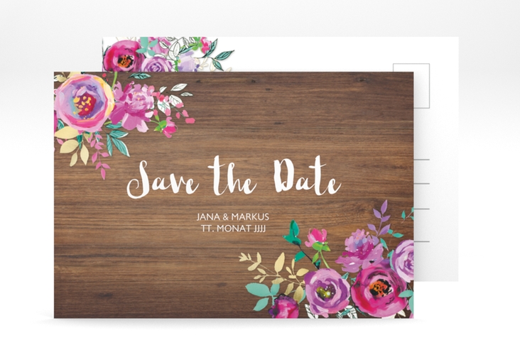 Save the Date-Postkarte Flourish A6 Postkarte hochglanz mit floraler Bauernmalerei auf Holz