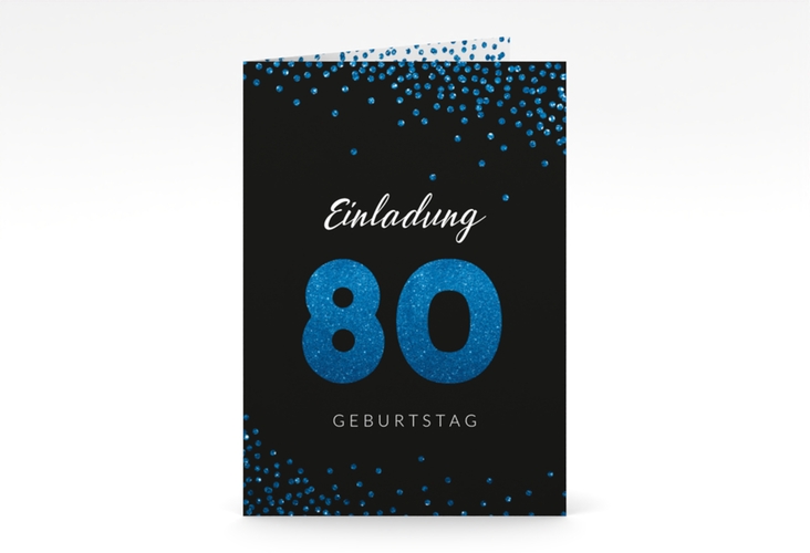 Einladung 80. Geburtstag Glitzer A6 Klappkarte hoch blau