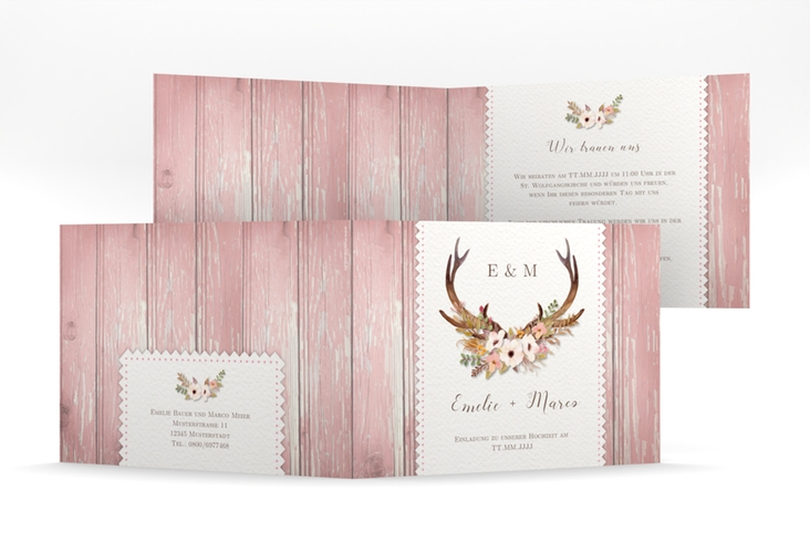 Hochzeitseinladung Heimatjuwel mittlere Klappkarte quer rosa hochglanz mit Hirschgeweih und Holz-Hintergrund