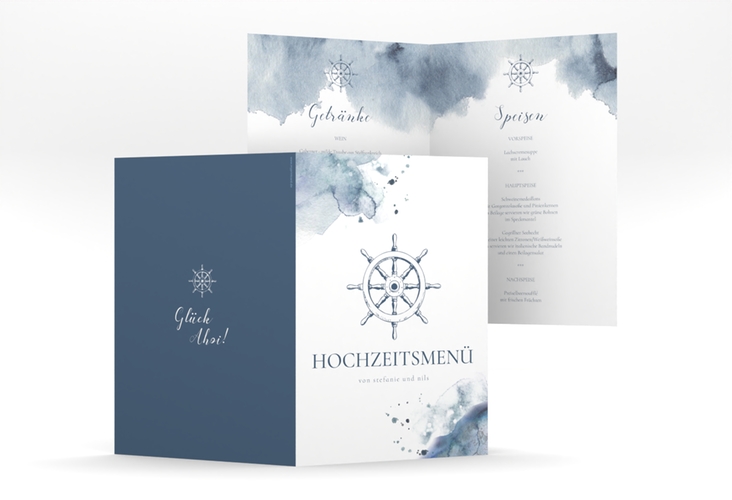 Menükarte Hochzeit Steuerrad A5 Klappkarte hoch blau in maritimen Blautönen