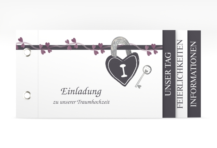 Hochzeitseinladung Oviedo Booklet grau mit Liebesschloss und Schlüssel