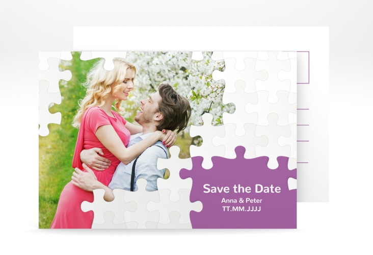 Save the Date-Postkarte Puzzle A6 Postkarte lila